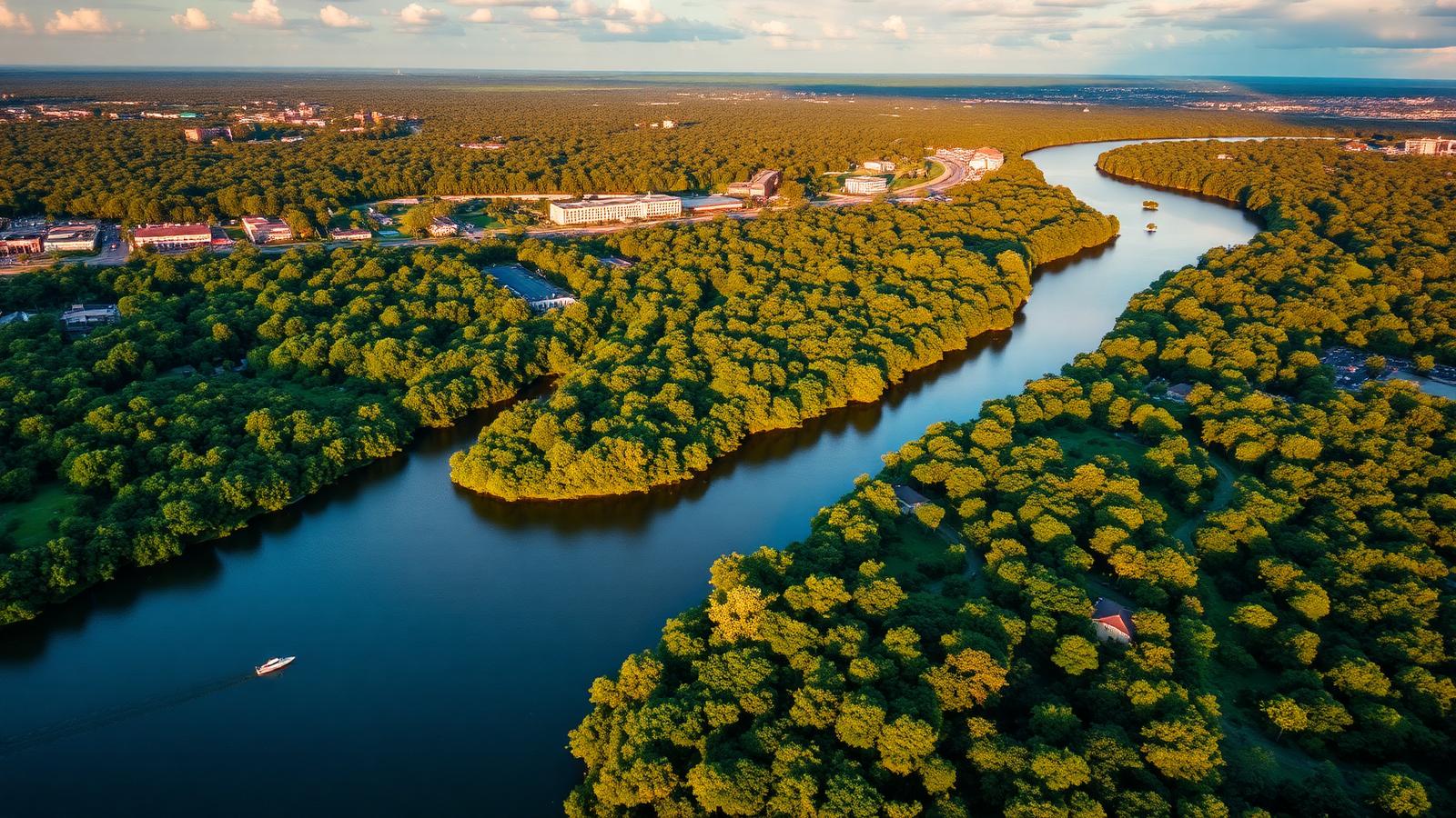 Vista aérea do Rio Amazonas e da floresta em Manaus
