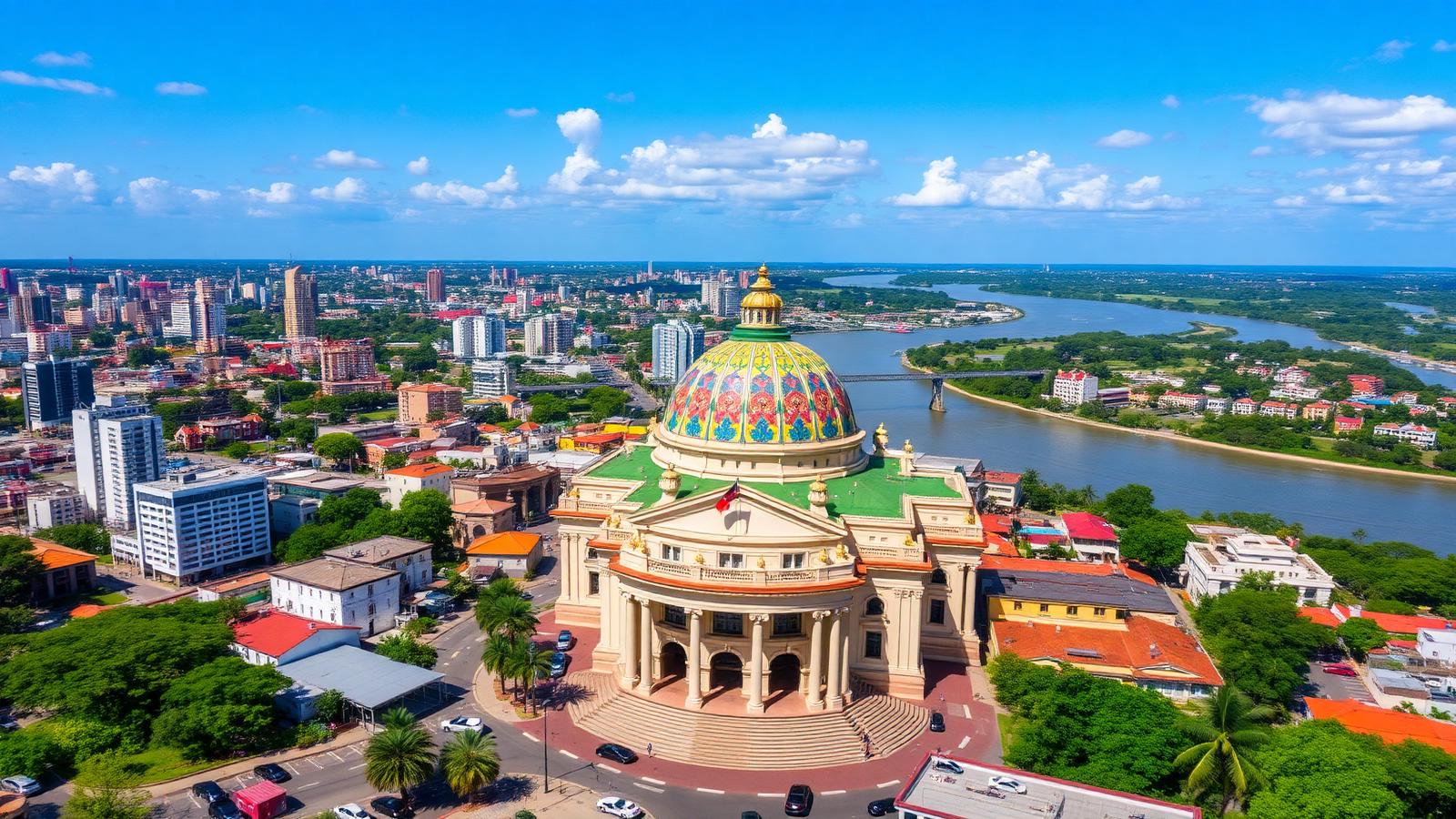 Vista aérea de Manaus, com o Teatro Amazonas e o Rio Negro ao fundo