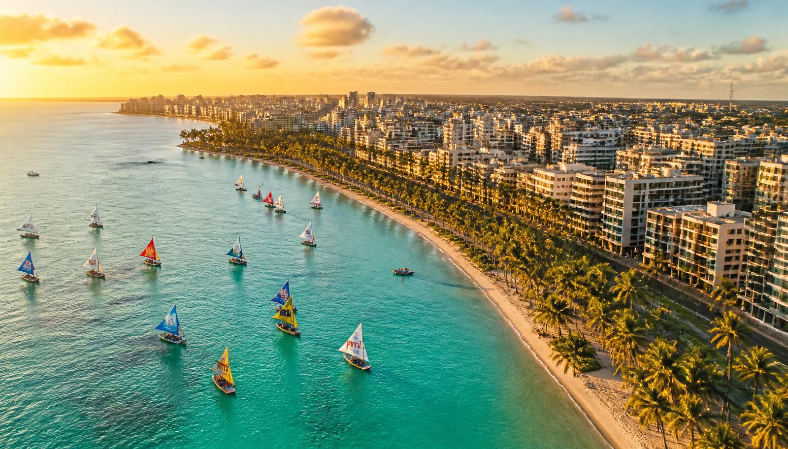 Vista aérea da orla de Maceió, em Alagoas, com jangadas e coqueiros